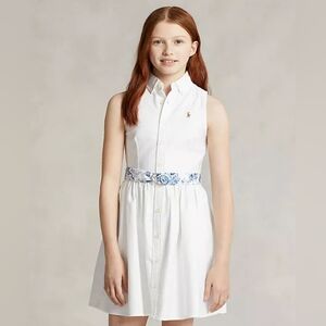 Ralph Lauren Girls' Belted Cotton Oxford Shirt Dress White Size 14
